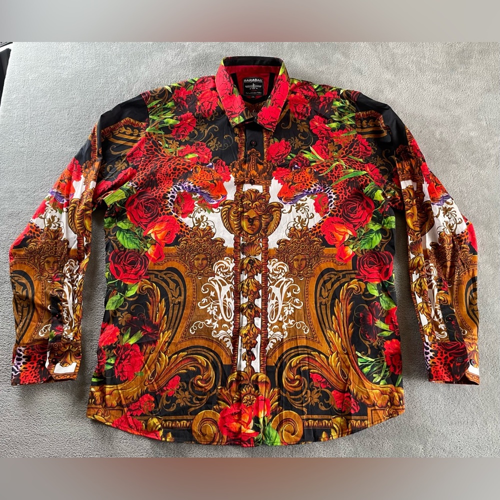 Barabas Mens 4XL Slim Floral Medusa Flower Leopard Long Sleeve Button Down Shirt